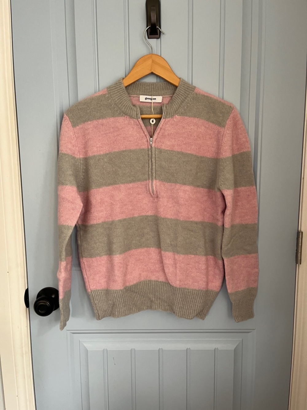 Striped Half-Zip Sweater in Pink and Gray